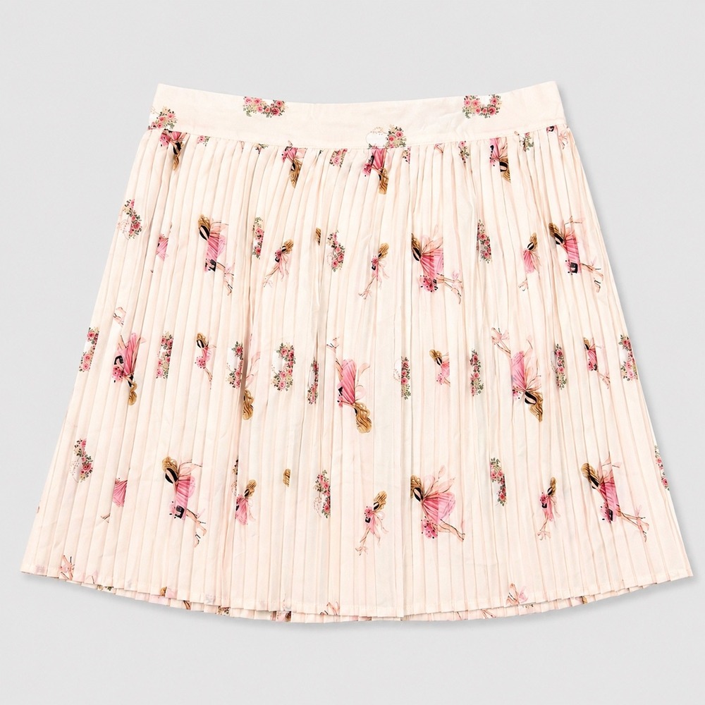 Fairy Floral Print Pleated Mini Skirt Pink Cream XL Novelty Aesthetic Whimsical